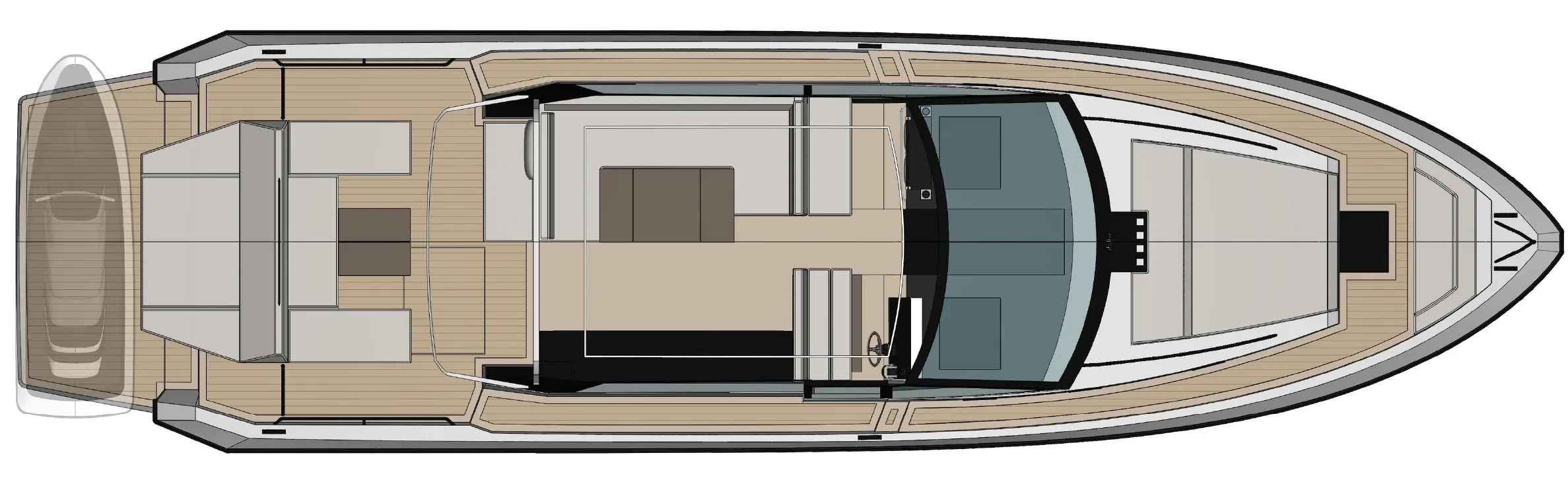 Plan du niveau supérieur : plateforme de bain, cockpit, salon, poste de pilotage et bains de soleil